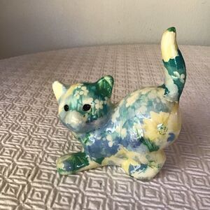 Patchworks  Porcelain Floral Blue Yellow  Spring Kitty Cat by Joan Baker